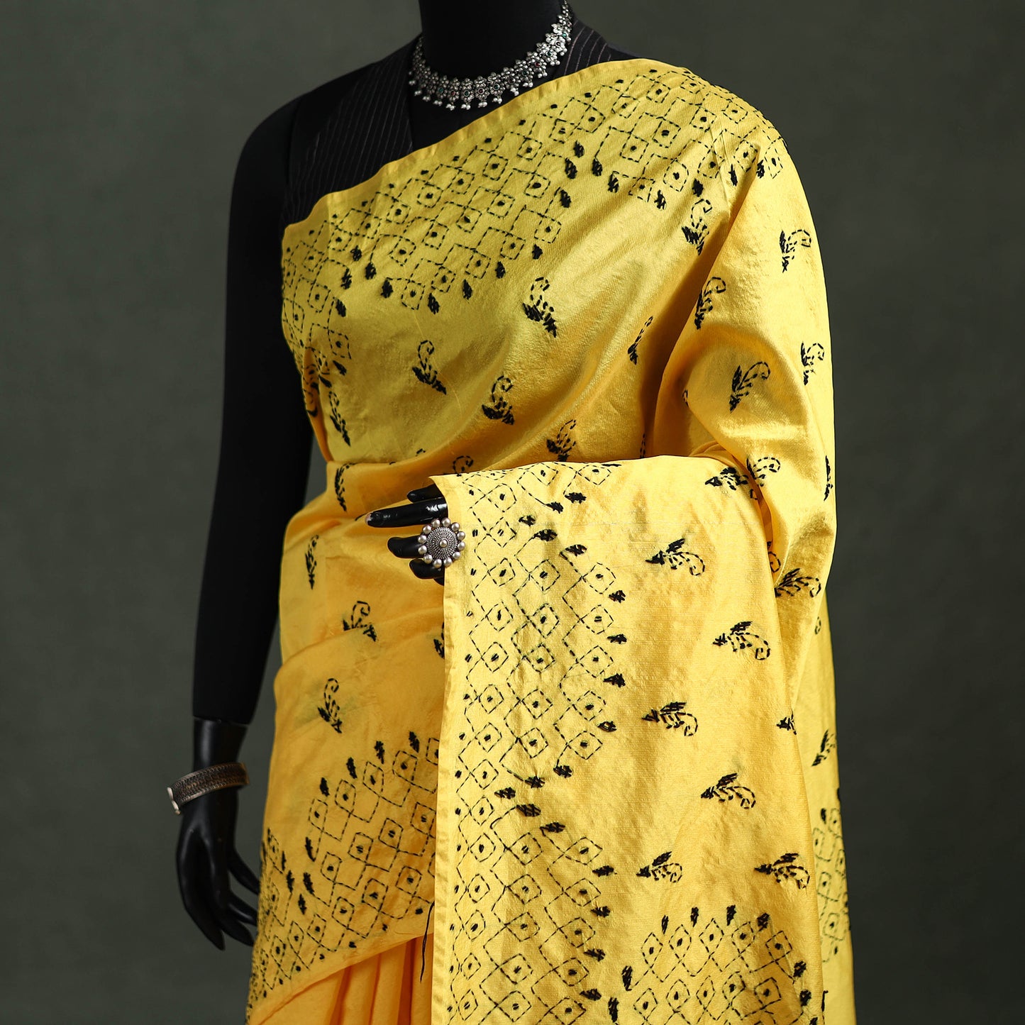 Yellow - Bengal Nakshi Kantha Hand Embroidered Silk Saree 03