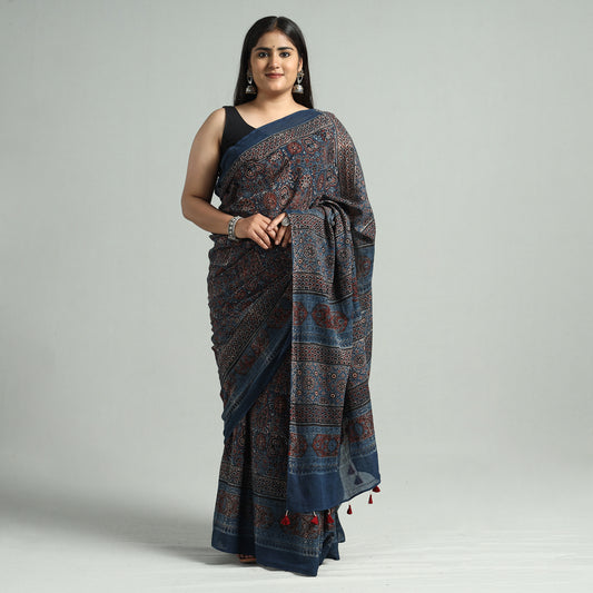 Blue - Ajrakh Block Printed Cotton Natural Dyed Saree with Tassels 10