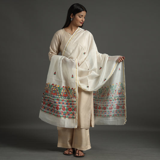 White - Madhubani Handpainted Chanderi Silk Handloom Dupatta 12