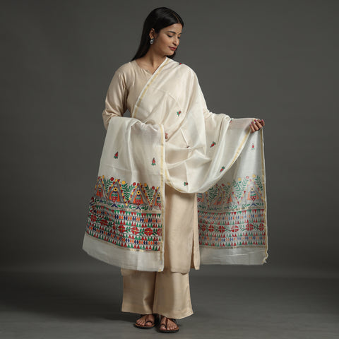 White - Handloom Chanderi Silk Handpainted Madhubani Dupatta 12