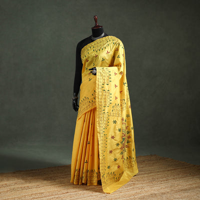 Yellow - Bengal Nakshi Kantha Hand Embroidered Silk Saree 04