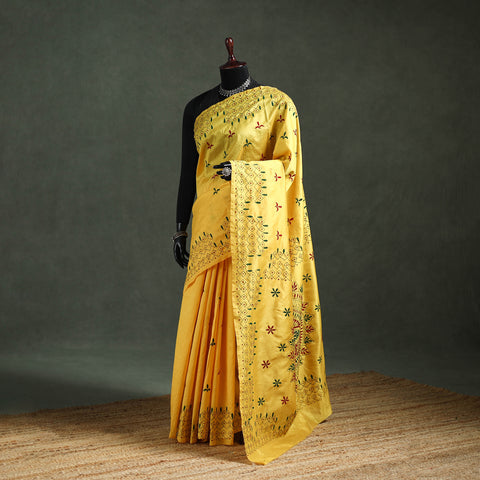 Yellow - Bengal Nakshi Kantha Hand Embroidered Silk Saree 04