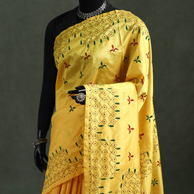 Yellow - Bengal Nakshi Kantha Hand Embroidered Silk Saree 04
