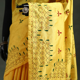 Yellow - Bengal Nakshi Kantha Hand Embroidered Silk Saree 04