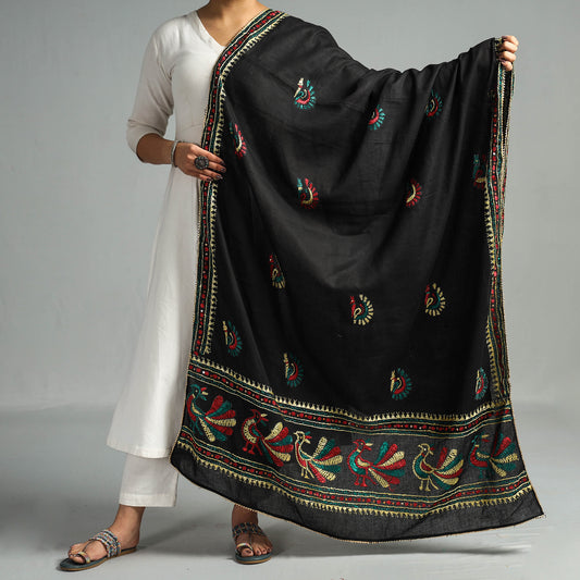 Black - Traditional Phulkari Hand Embroidered Cotton Dupatta