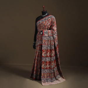 Red - Pedana Hand Block Print Natural Dyed Cotton Kalamkari Saree 35