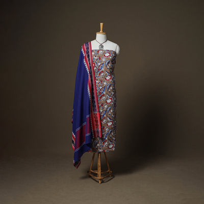 Sanganeri Block Print Cotton Unstitched Dress Material: Kurta, Bottom & Dupatta with Jewellery 04