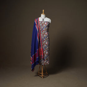 Sanganeri Block Print Cotton Unstitched Dress Material: Kurta, Bottom & Dupatta with Jewellery 04