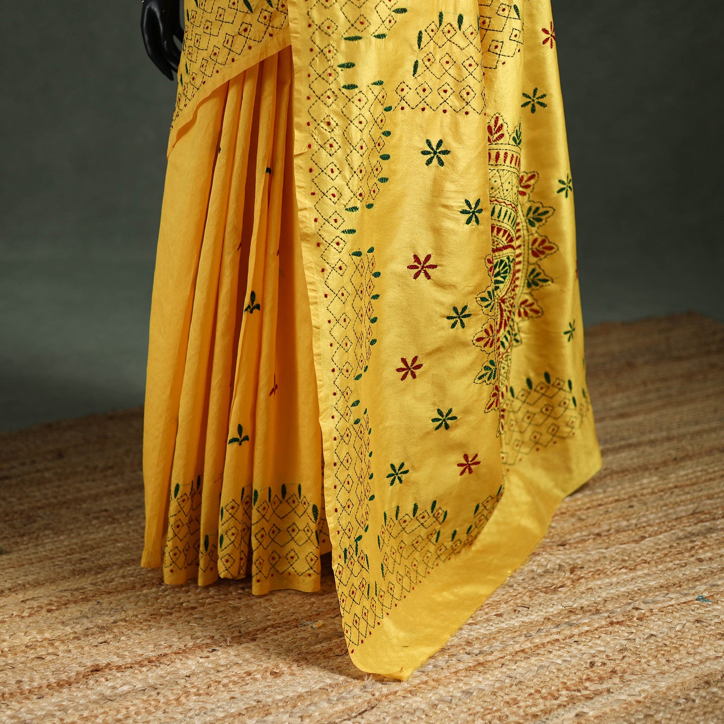 Yellow - Bengal Nakshi Kantha Hand Embroidered Silk Saree 04