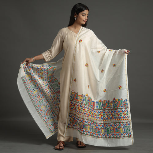 White - Madhubani Handpainted Chanderi Silk Handloom Dupatta 13