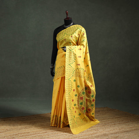 Yellow - Bengal Nakshi Kantha Hand Embroidered Silk Saree 05