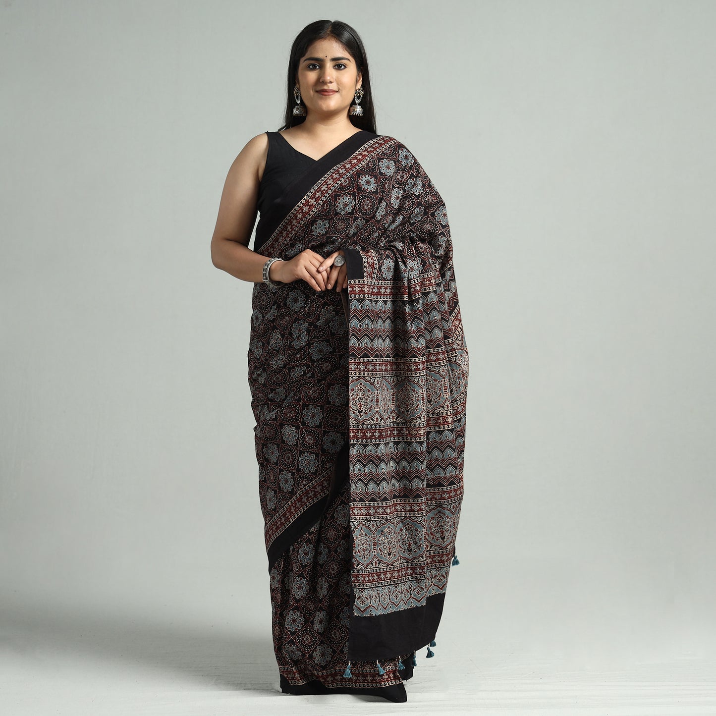 Black - Ajrakh Block Printed Cotton Natural Dyed Saree with Tassels 11
