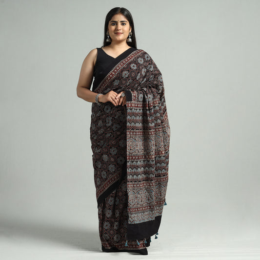 Ajrakh Block Printed Cotton Natural Dyed Saree with Tassels 11