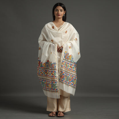 White - Madhubani Handpainted Chanderi Silk Handloom Dupatta 13