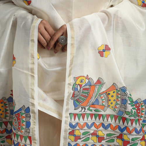 White - Madhubani Handpainted Chanderi Silk Handloom Dupatta 13