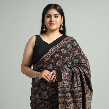 Black - Ajrakh Block Printed Cotton Natural Dyed Saree with Tassels 11