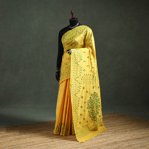 Yellow - Bengal Nakshi Kantha Hand Embroidered Silk Saree 06