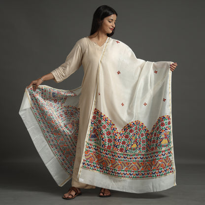White - Madhubani Handpainted Chanderi Silk Handloom Dupatta 15