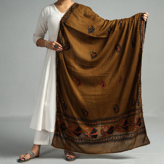 Brown - Traditional Phulkari Hand Embroidered Cotton Dupatta