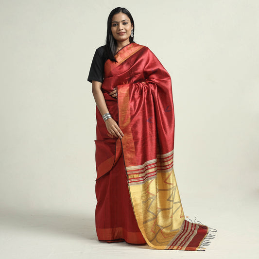 Red - Bhagalpuri Pure Desi Tussar Silk Handloom Saree with Zari Border