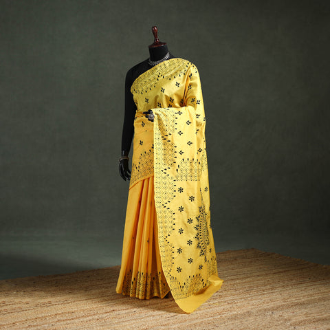 Yellow - Bengal Nakshi Kantha Hand Embroidered Silk Saree 07