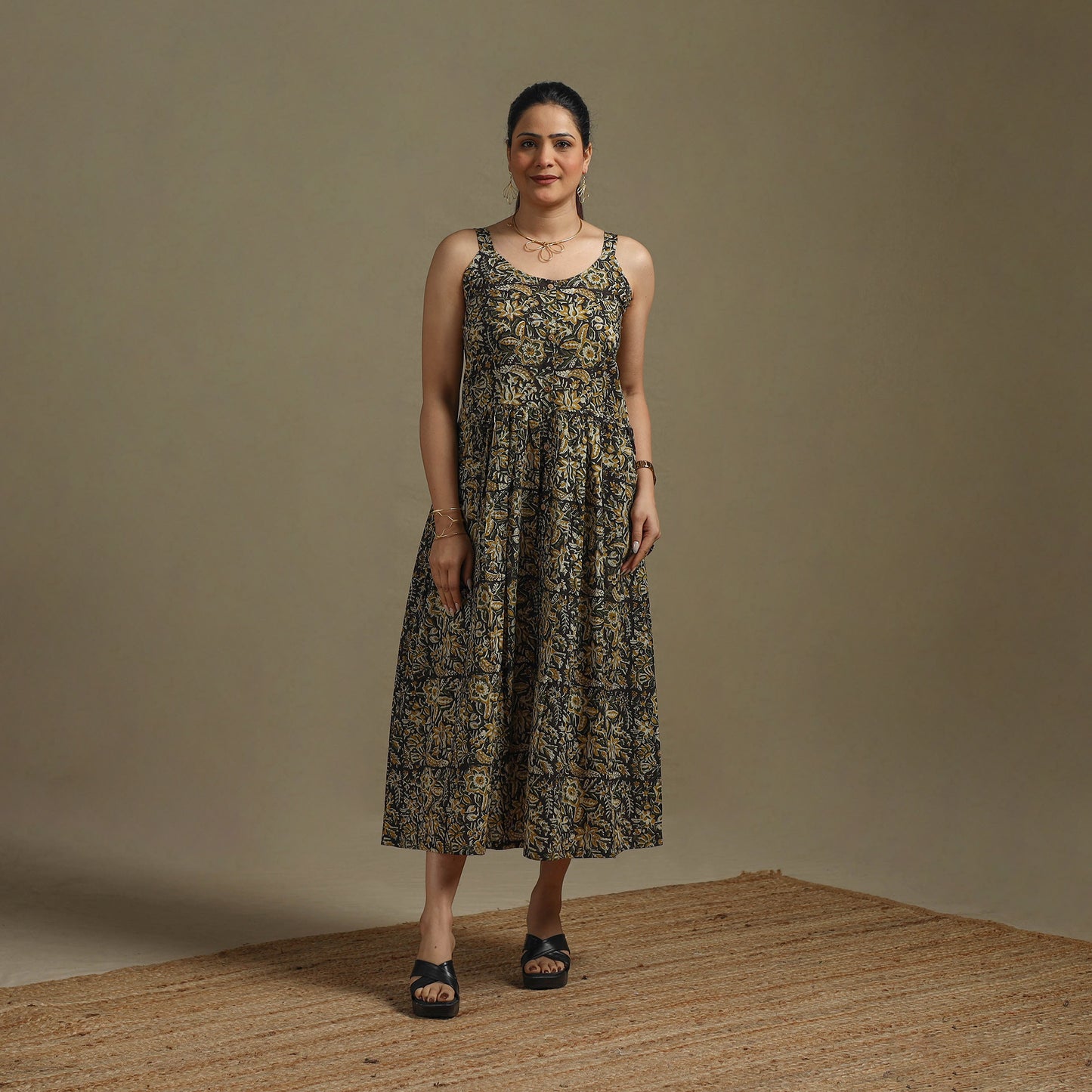 Hand Block Print Natural Dyed Cotton Button Down Bagru Dress 01