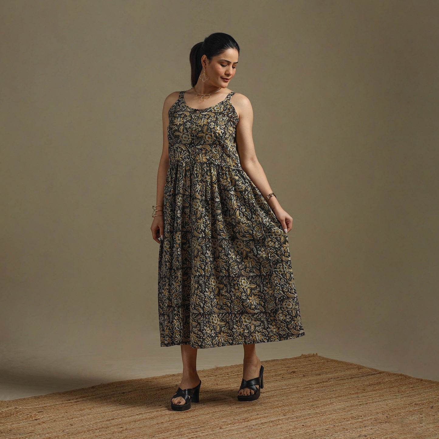 Hand Block Print Natural Dyed Cotton Button Down Bagru Dress 01