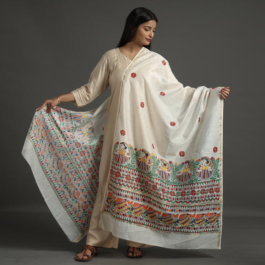 White - Madhubani Handpainted Chanderi Silk Handloom Dupatta 16