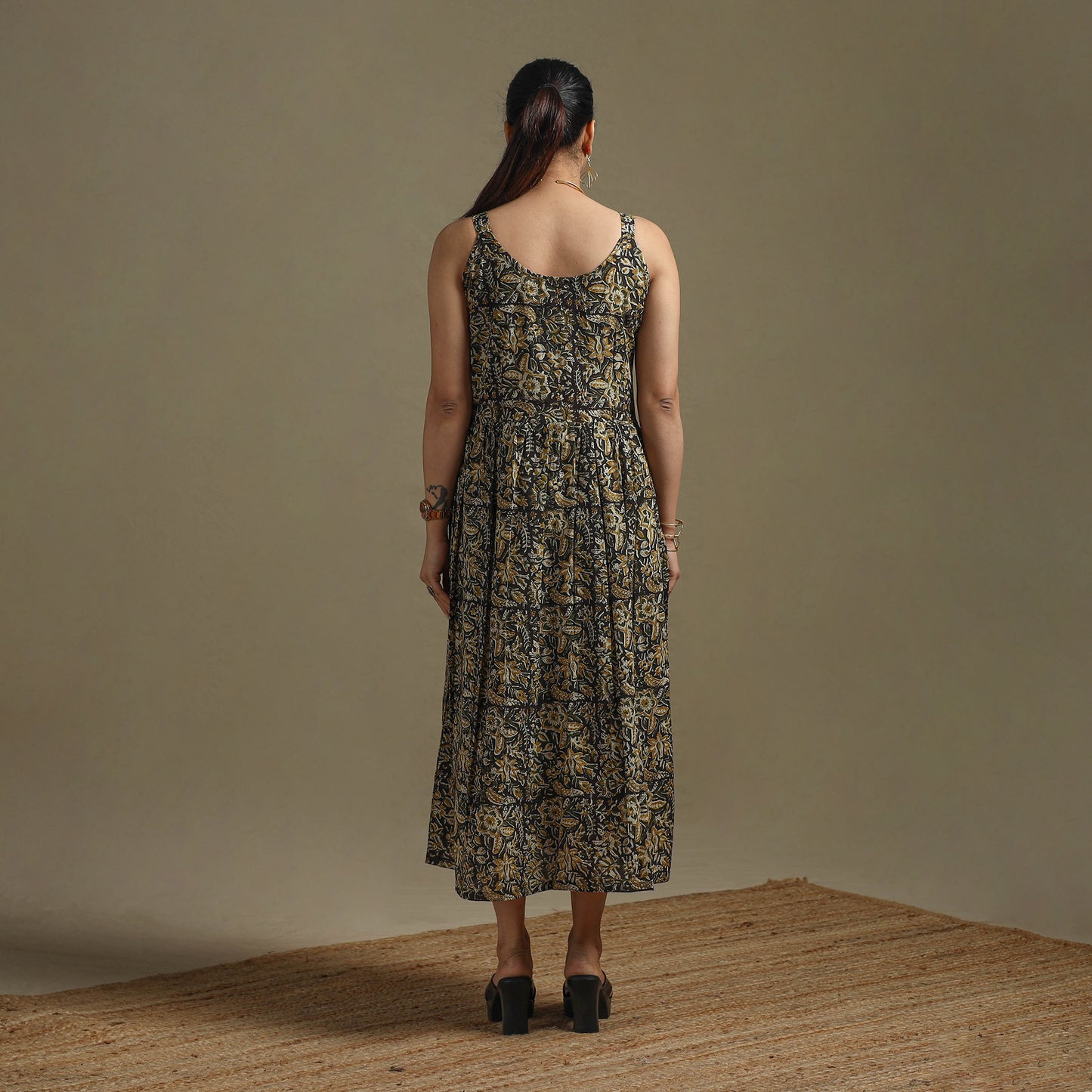 Hand Block Print Natural Dyed Cotton Button Down Bagru Dress 01