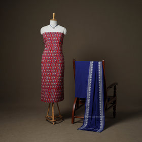 Sanganeri Block Print Cotton Unstitched Dress Material: Kurta, Bottom & Dupatta with Jewellery 07