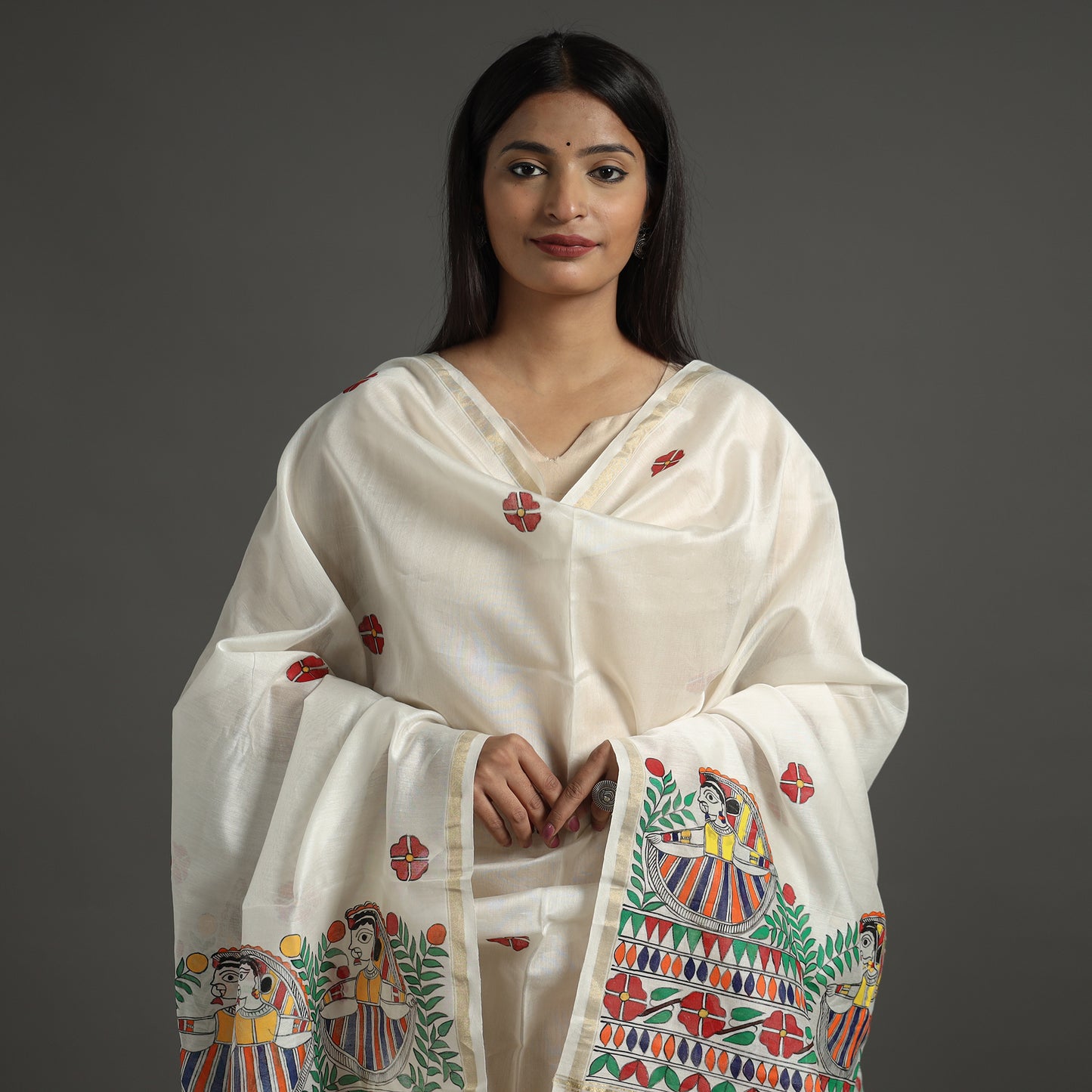 White - Madhubani Handpainted Chanderi Silk Handloom Dupatta 16