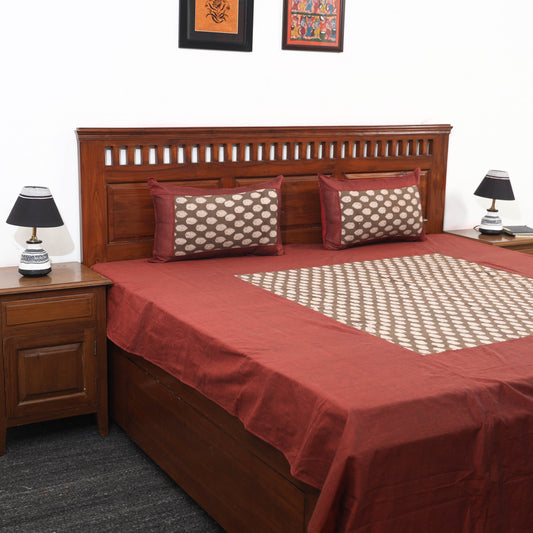 Maroon - Plain Cotton Double Bed Cover with Block Print Patchwork (94 x 89 In)