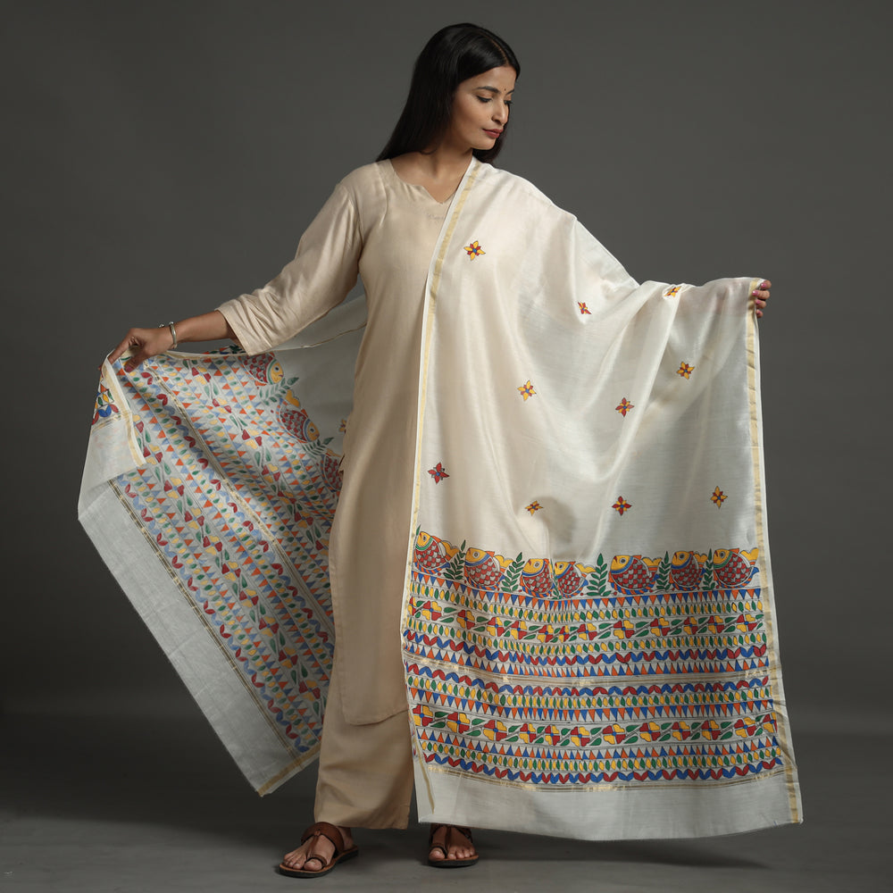 White - Madhubani Handpainted Chanderi Silk Handloom Dupatta 17