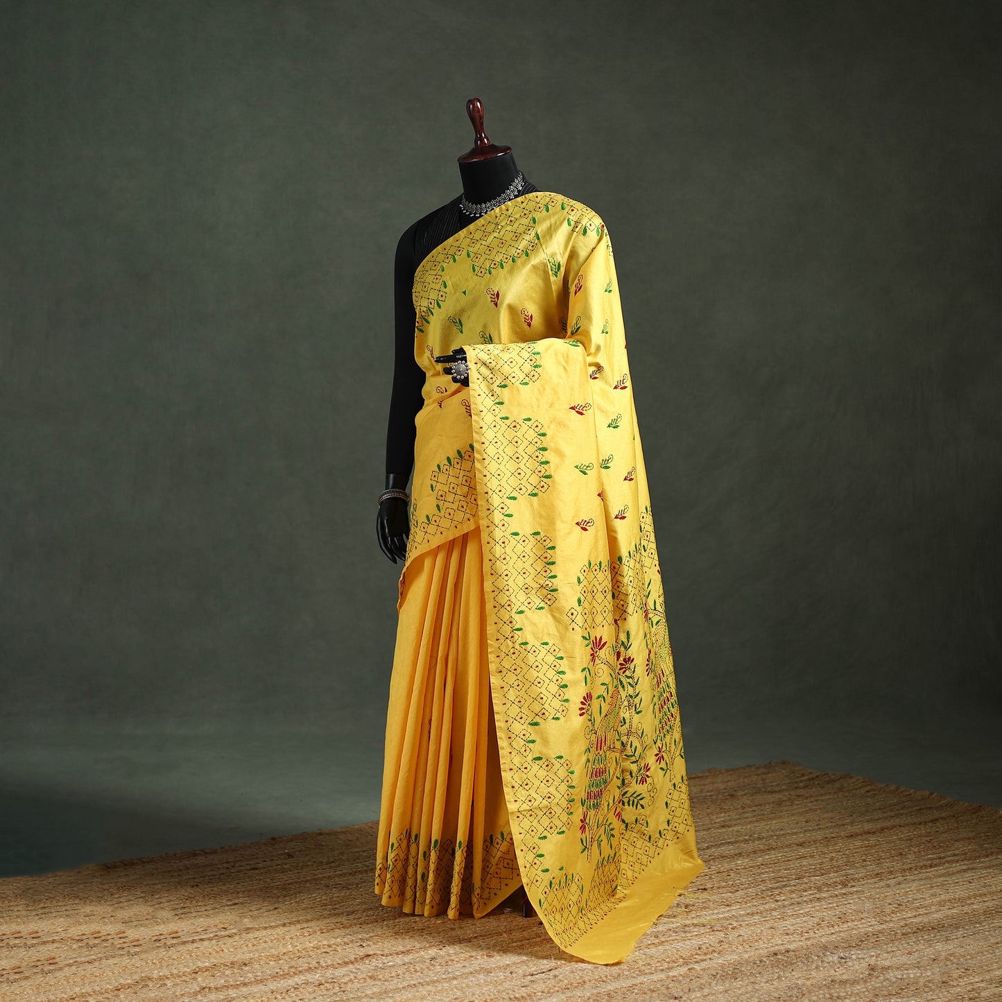 Yellow - Bengal Nakshi Kantha Hand Embroidered Silk Saree 09