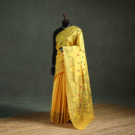 Yellow - Bengal Nakshi Kantha Hand Embroidered Silk Saree 09