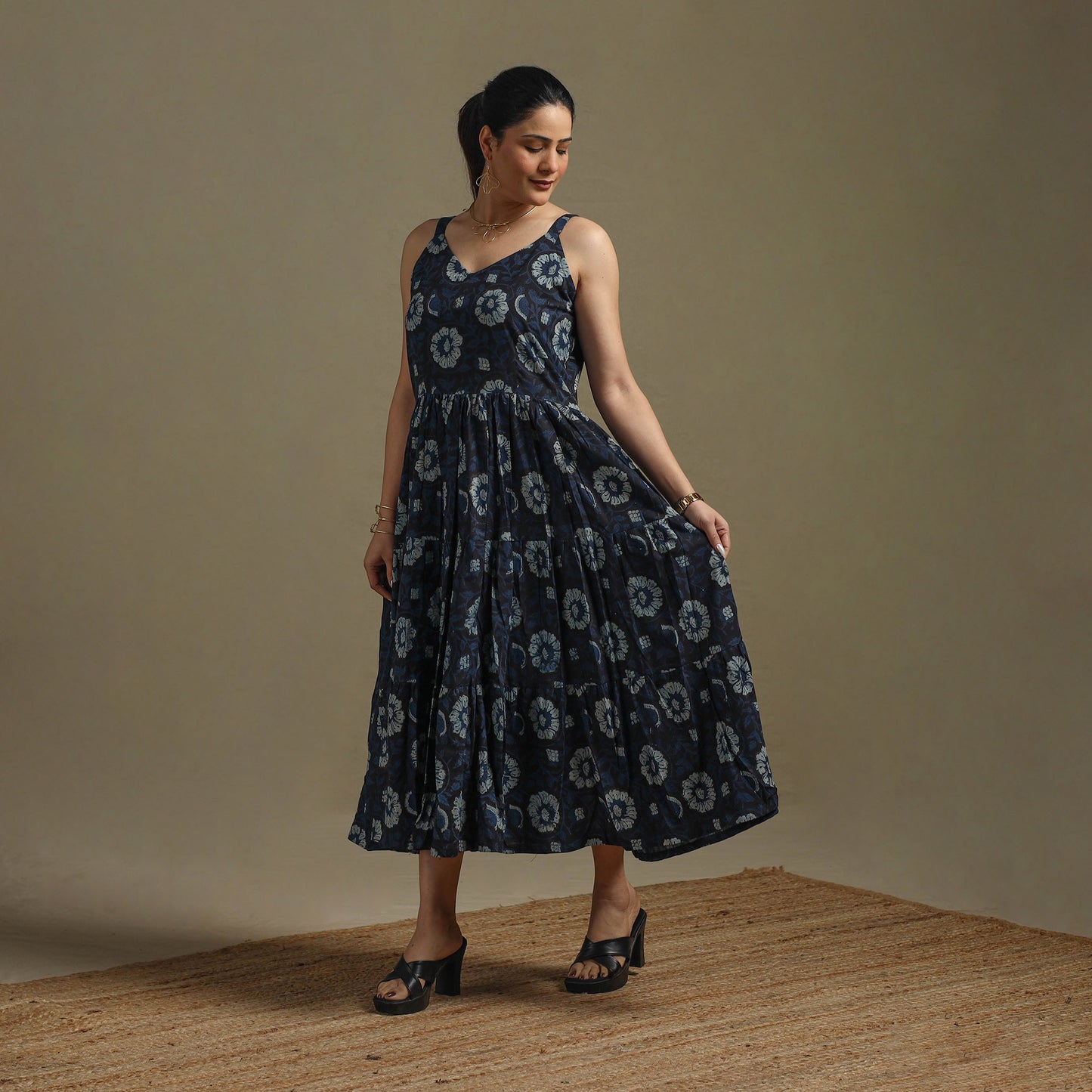 Hand Block Print Natural Dyed Cotton Tiered Bagru Dress 09