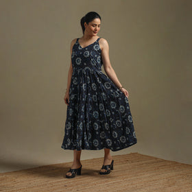 Hand Block Print Natural Dyed Cotton Tiered Bagru Dress 09