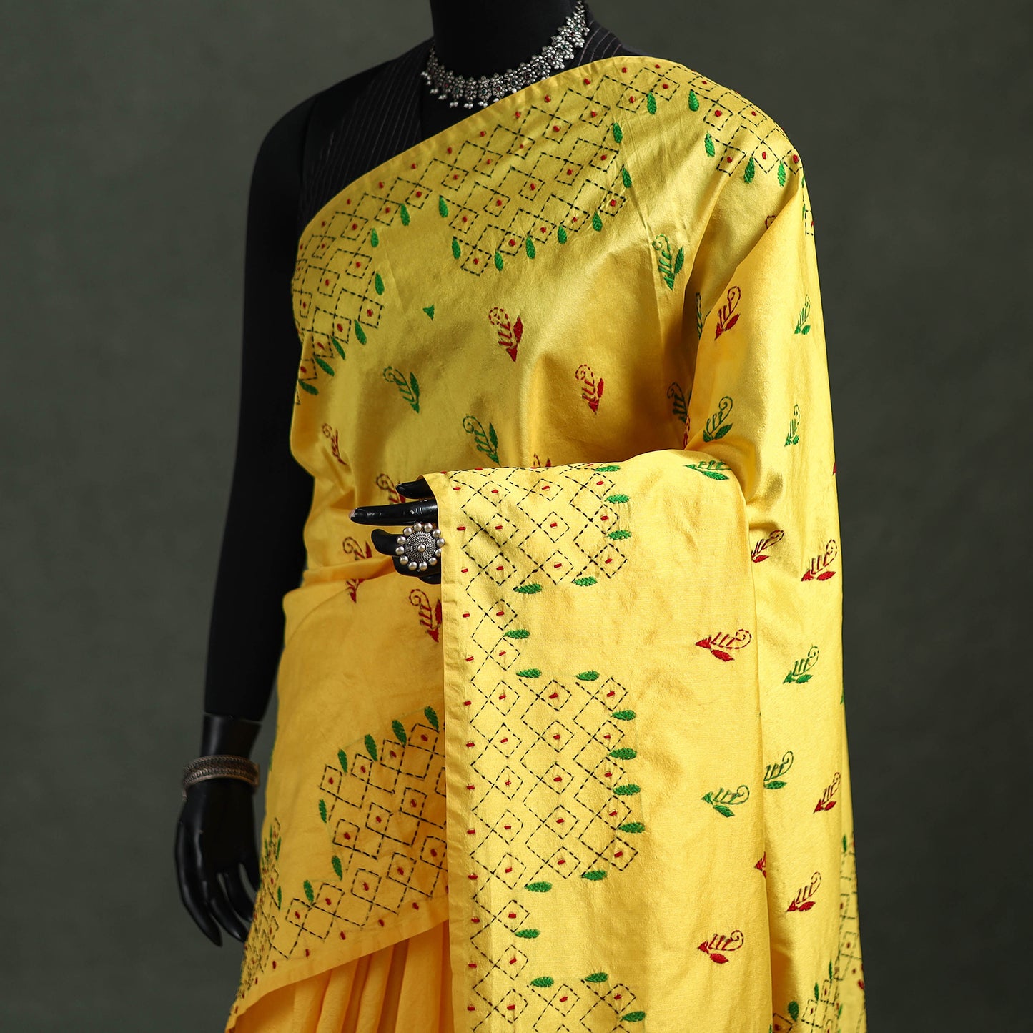 Yellow - Bengal Nakshi Kantha Hand Embroidered Silk Saree 09