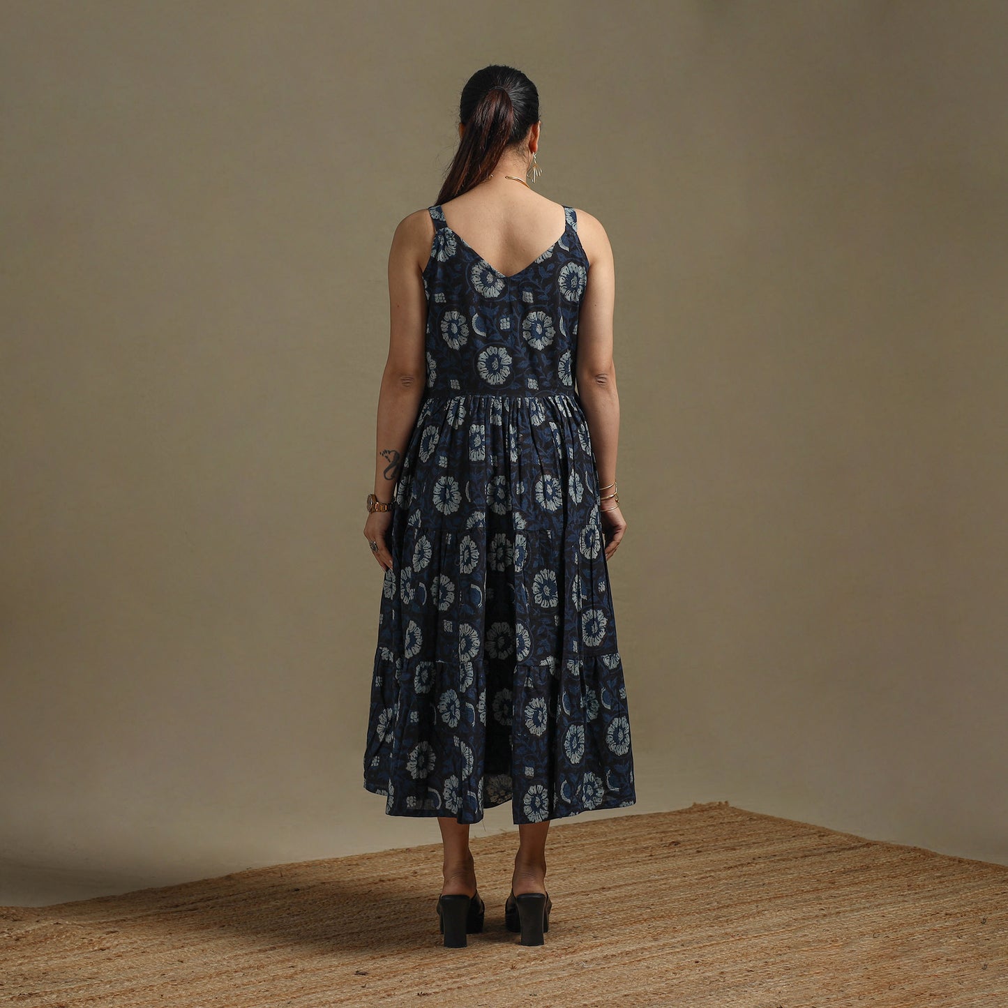 Hand Block Print Natural Dyed Cotton Tiered Bagru Dress 09