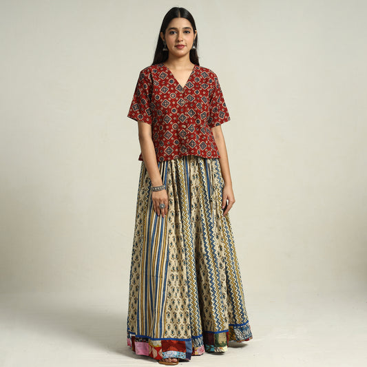 Beige - Ajrakh Block Printed 24 Kali Patchwork Cotton Long Skirt 36