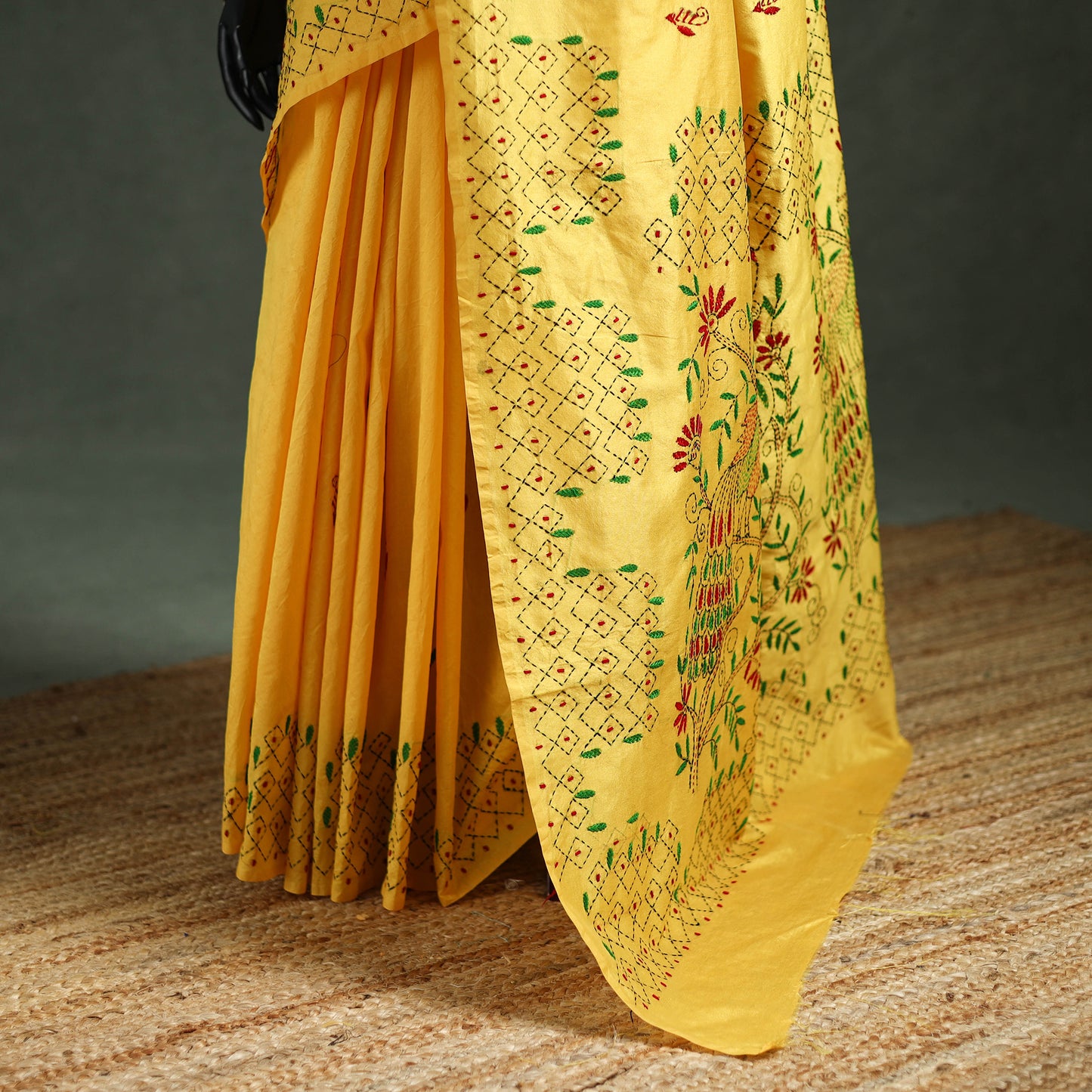 Yellow - Bengal Nakshi Kantha Hand Embroidered Silk Saree 09