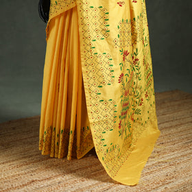 Yellow - Bengal Nakshi Kantha Hand Embroidered Silk Saree 09