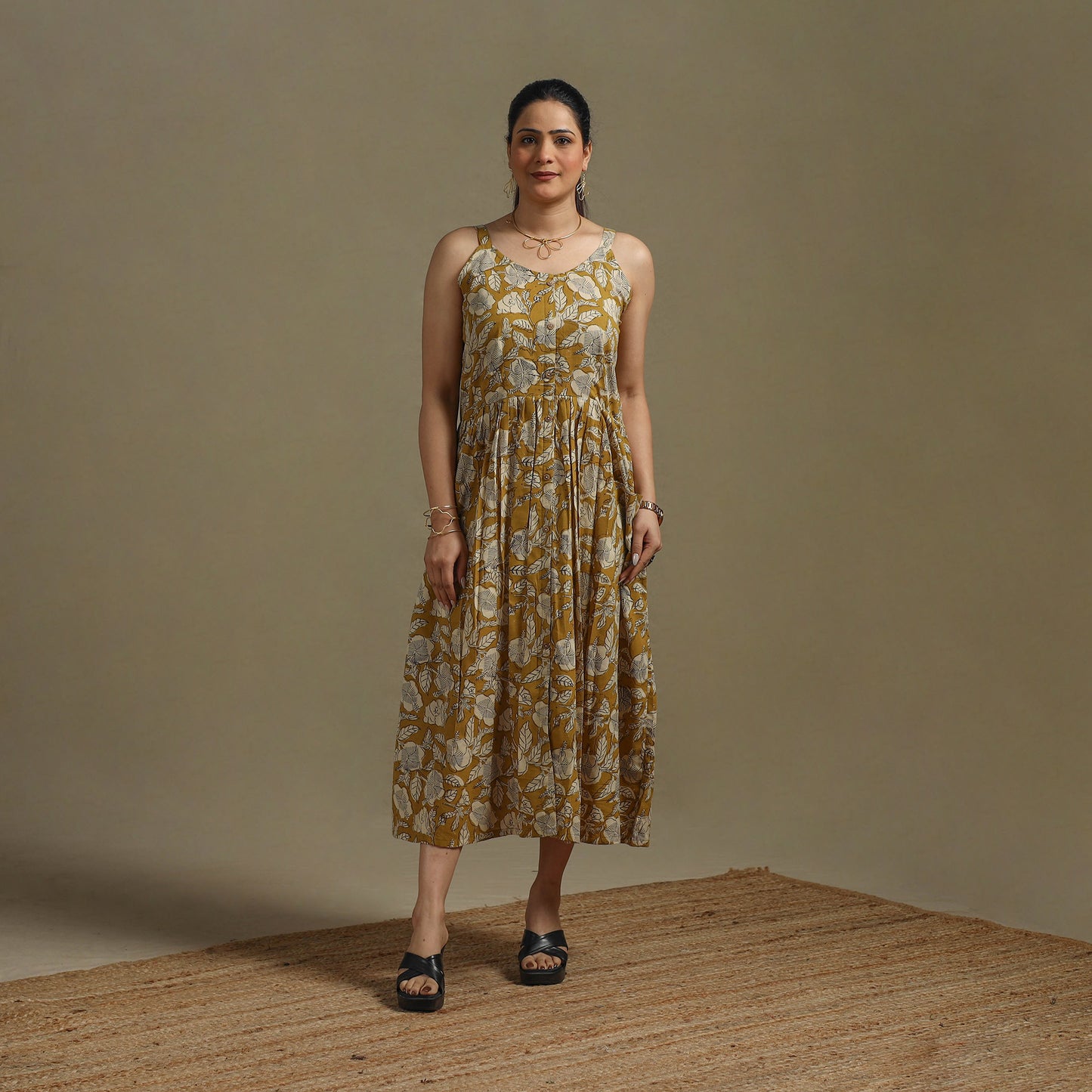 Hand Block Print Natural Dyed Cotton Button Down Bagru Dress 04