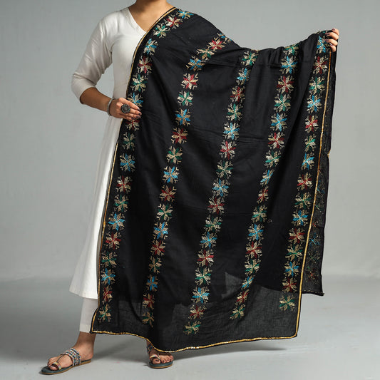 Black - Traditional Phulkari Hand Embroidered Cotton Dupatta