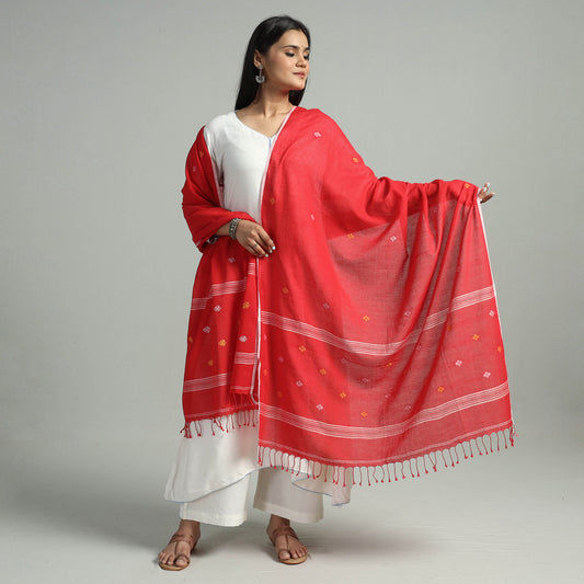 Red - Burdwan Jamdani Buti Handloom Cotton Dupatta with Tassels 20