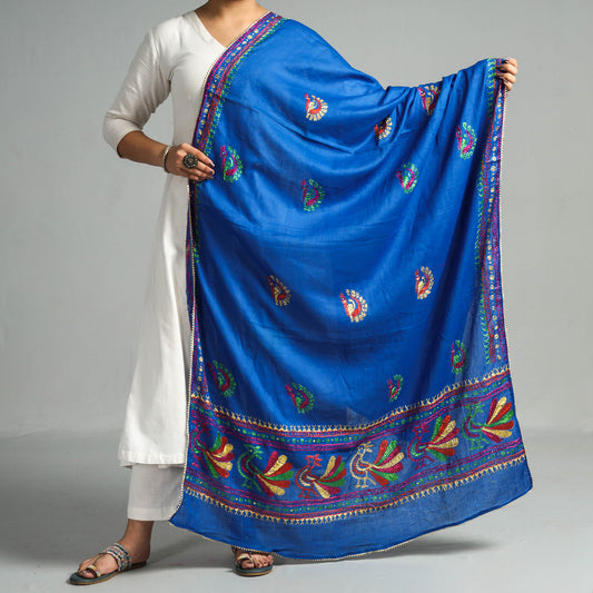 Blue - Traditional Phulkari Hand Embroidered Cotton Dupatta
