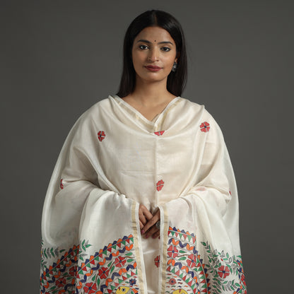 White - Madhubani Handpainted Chanderi Silk Handloom Dupatta 18