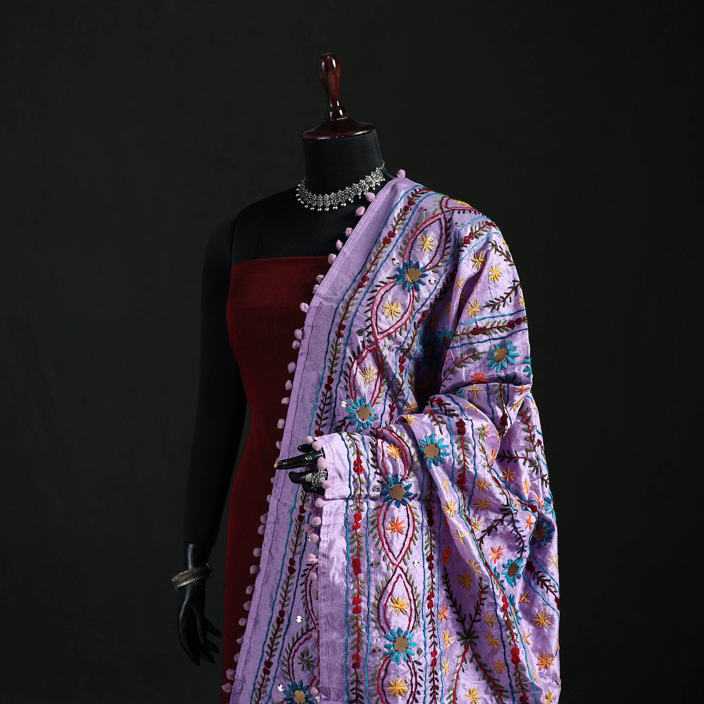 Phulkari Hand Embroidered Chanderi Silk Dupatta 02