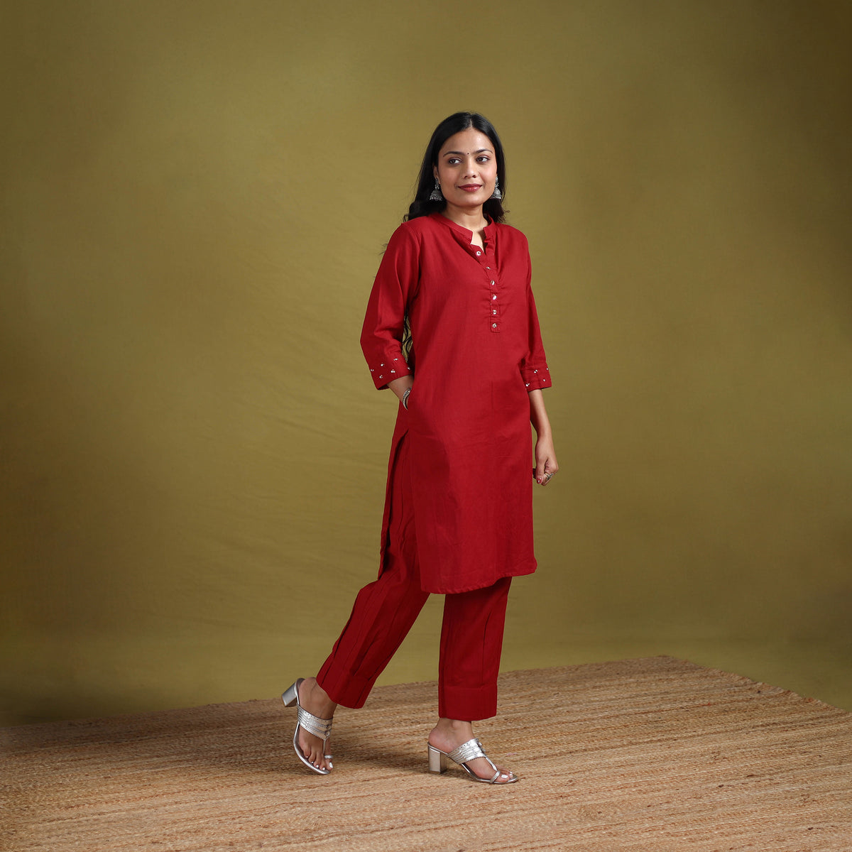 Sequin Work Flex Cotton Plain Straight Kurta with Pant Set for women 06