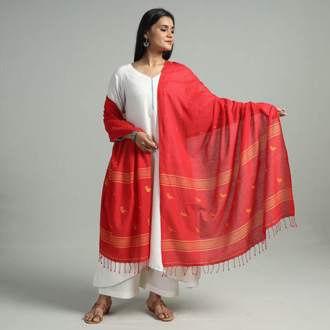 Red - Burdwan Jamdani Buti Handloom Cotton Dupatta with Tassels 21